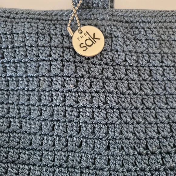 The Sak Sky Blue Crocheted Women Knit Handbag Purse Bag Double Handle - Picture 2 of 4